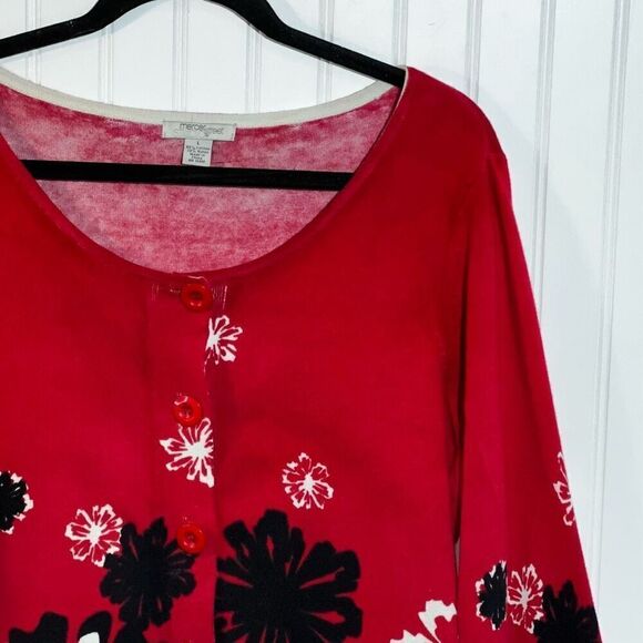 Mercer Street Studio Button Up Cardigan Sweater Womens Large Red Floral 3/4 Slv - Picture 3 of 8